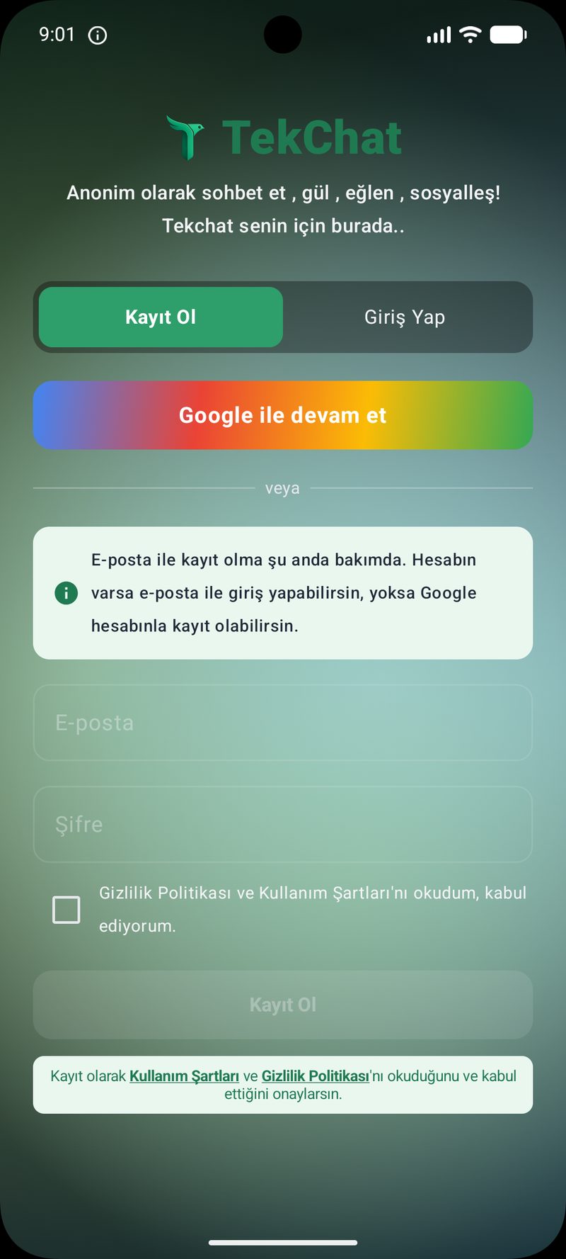 TekChat giriş / kayıt ekranı